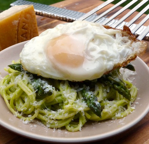 Pasta with asparagus and a fried egg. Photo by Donna Turner Ruhlman.