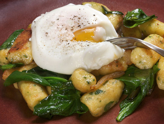 A classic french preparation, Parisienne gnocchi (with spinach and poached egg), transformed by schmaltz. Photo by Donna Turner Ruhlman.