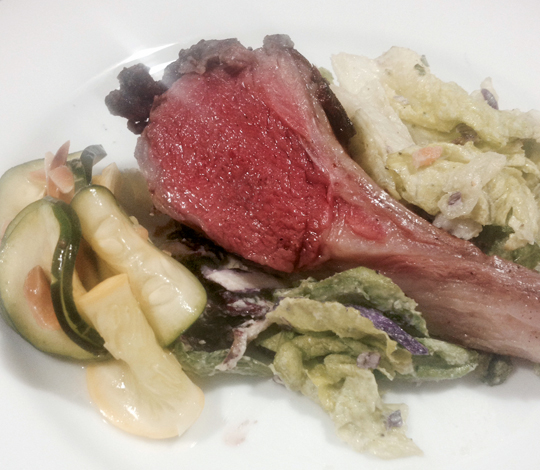 A post-dinner reenactment of the crime now known as the "Rack of Lamb with Lettuce-Butter Sauce" debacle. Photo by iPhone.