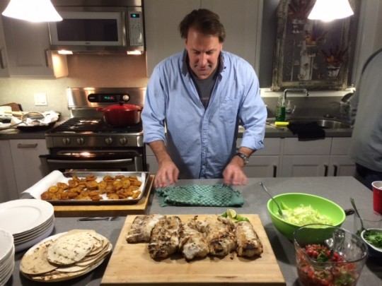Spreading out family meal at the Key West house: grilled grouper tacos and tostones.