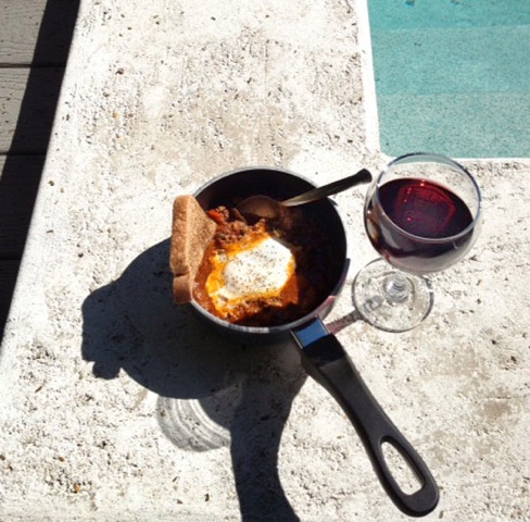 Poolside Key West Lunch: leftover Picadillo, egg, toast wine. My iPhoto