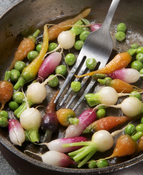 Baby root vegetables and peas, from Chef's Garden