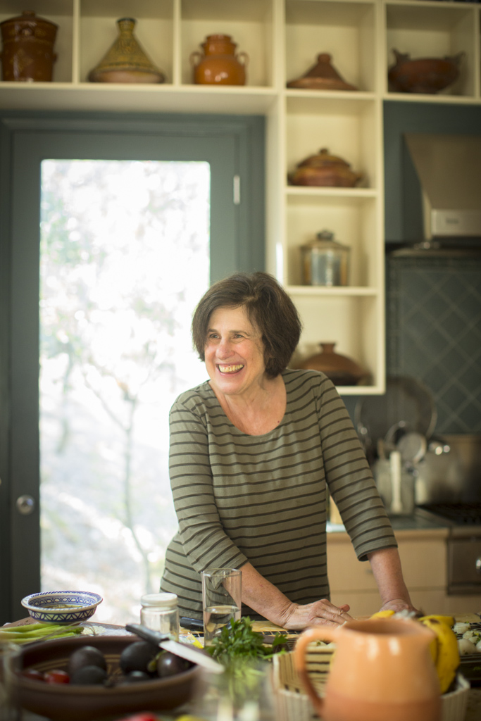 Paula Wolfert busy at work in her kitchen. Photo by: Eric Wolfinger.